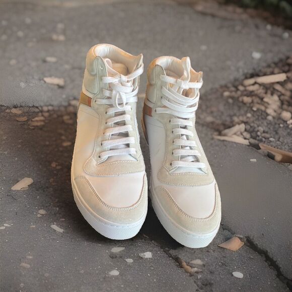 Burberry - Men's Reeth Leather House Check High-Top Sneakers White Size 12 - Picture 3 of 16
